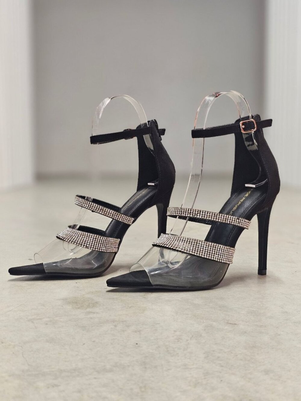 Rhinestone Clear Strap High Heels With Ankle Buckle & Back Zipper - Elegant Blac